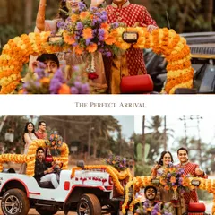 The perfect arrival. Ankitha and Adithya make a grand, fun-filled entrance in a beautifully decorated jeep, showcasing the energy and personality of their celebration.