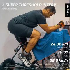 A super threshold interval session on the bike. This kind of high-intensity workout is crucial for building speed and power for the cycling leg of a triathlon.