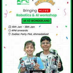 We're bringing a live Robotics & AI workshop to H3 Wonderland in Ahmedabad. This poster invites parents to join us for a hands-on experience where their child can build their first robot.
