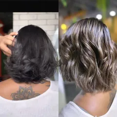 This before and after shows a transformation to an ash-blonde look. We created this style with a combination of global color and fine ash highlights for a cool, multi-tonal effect on a short bob.