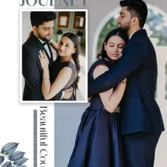 An elegant album layout that combines a formal portrait with a tender embrace, showcasing the couple's journey in a sophisticated style.