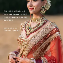 Actress Neelam Upadhyaya looks resplendent on her wedding day, choosing our Firoja Green Bangle by Suneet Varma. This piece, with its floral silhouettes and semi-precious stones, adds a touch of regal elegance to her bridal ensemble.