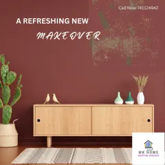 This graphic illustrates the concept of a refreshing makeover. We take tired walls and apply a new colour and finish to completely change the feel of a room, as shown by the transition from a damaged surface to a smooth, terracotta-coloured wall.