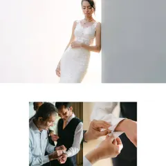 A collage showing the bride in a quiet moment and the groom getting help with his cufflinks from his father. It captures the parallel moments of anticipation before they meet at the altar.