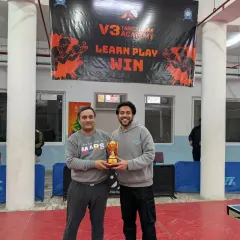 Celebrating a winner from our V3 Open Corporate Table Tennis Tournament. I organize competitive events for working professionals looking to test their skills outside the office.