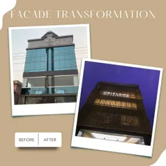 This before and after shot demonstrates our expertise in facade transformation. We revitalized an aging commercial building in South Delhi for Oriflame, creating a contemporary, energy-efficient exterior using a lightweight aluminum slatted structure without major structural changes.