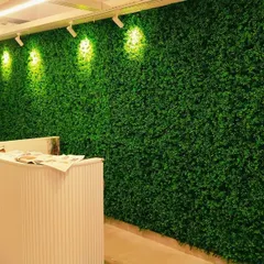 We transformed this office reception area with a floor-to-ceiling artificial green wall. The track lighting highlights the texture of the foliage, creating a professional and refreshing first impression for visitors.
