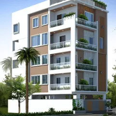 A wider perspective of the same multi-dwelling unit, showing how the side elevation is treated with clean lines and simple window openings, complementing the more detailed front facade.
