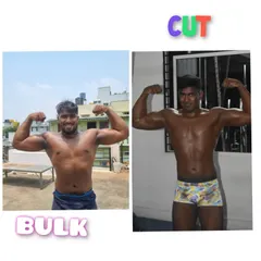 This is a great example of a one-month body transformation, moving from a bulking phase to a cutting phase. The left picture shows the mass gained, and the right shows the defined muscle after cutting down.