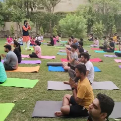 Leading a large, vibrant group in an outdoor yoga session. Practicing together on the grass under the open sky brings a unique sense of connection and collective energy.