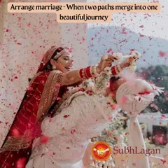A joyful bride playfully places the garland on her groom, a moment filled with laughter and love. We believe the arranged marriage journey should be filled with such happy memories.