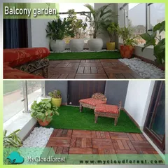 This collage demonstrates how I use mixed flooring to define spaces on a balcony. The warmth of interlocking wood deck tiles provides a solid base for furniture, while patches of artificial grass and white pebbles add softness and decorative flair. It's a stylish and practical approach to balcony design.