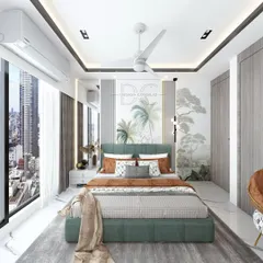 A bedroom with a view. We designed this room to maximize the stunning city view with a large window, while the nature-themed wallpaper brings a sense of tranquility inside.