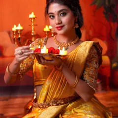 A beautiful, warm, and glowing look for a Deepavali photoshoot. The makeup features a classic red lip and golden eyeshadow, perfect for the festival of lights.