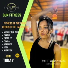 Fitness is the first requisite of happiness. This promotional graphic highlights the variety of classes we offer, including muscle building, cardio, and CrossFit, with a member demonstrating a dumbbell lift.