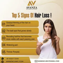 Are you noticing the first signs of hair loss? This infographic lists the top five indicators, such as gradual thinning, a widening part, or a thinner ponytail. Recognizing these signs early allows for more effective intervention.