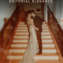 Where fine art meets editorial elegance. This shot captures a couple in a classic, romantic pose, with the warm lighting and grand staircase adding a layer of cinematic drama to their pre-wedding story.