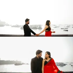 A diptych capturing a couple's quiet romance at the Gateway of India. The top frame shows them holding hands against the sea, while the bottom frame is an intimate portrait of them sitting together, sharing a gentle look.