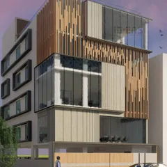 A design for the Global Estates commercial building. The facade uses a playful arrangement of vertical wooden louvers and glass to maximize natural light in the workspaces while creating a unique architectural identity.