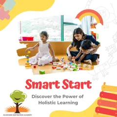 A smart start begins with holistic learning. This image of a mother and her children playing with blocks represents our philosophy of learning through play and discovery.