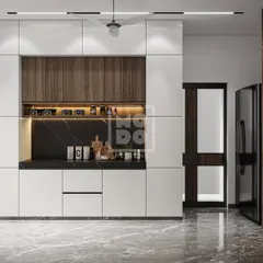 This view showcases the kitchen's ample storage and integrated appliance section. The combination of white and wood-grain cabinets creates a warm yet contemporary feel, perfect for a modern home.