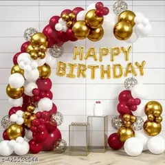 A classic and bold birthday decoration featuring a balloon arch in red, white, and gold chrome. The "Happy Birthday" foil letters in the center make a clear and festive statement.