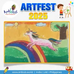 A magical unicorn leaps over a rainbow in this enchanting piece by a junior artist. The vibrant colours and fantasy theme showcase a wonderful imagination.