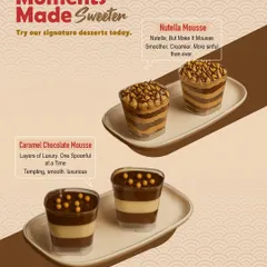 Our signature mousse cups are designed for moments of pure indulgence. This image showcases our rich Nutella Mousse and our luxurious Caramel Chocolate Mousse, both layered to perfection.
