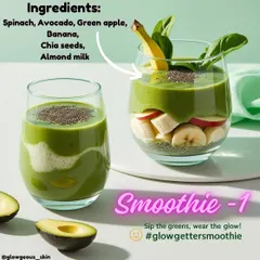 This "Glow Getter" smoothie is packed with ingredients for radiant skin. It combines spinach, avocado, green apple, banana, chia seeds, and almond milk to deliver a dose of antioxidants, healthy fats, and vitamins that hydrate your skin and boost collagen production.