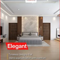 An elegant and timeless bedroom design that blends sophistication with comfort. The 3D textured panel behind the bed serves as a stunning focal point, complemented by clean lines and a neutral color palette.