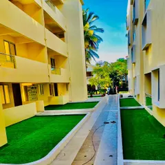 This shows a long walkway in an apartment complex that we turfed. It brightens up the space between buildings and provides a pleasant, green path for residents.