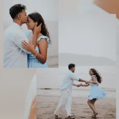 A two-photo story showing both a tender kiss and a joyful dance. I create these layouts to showcase the different emotions and moments of your pre-wedding session.