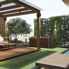 This 3D render shows our design for a luxury apartment terrace in Khar. We conceptualized a complete outdoor living solution, including a wooden deck with a pergola for seating, a plunge pool, and a lush vertical garden, demonstrating how we maximize style and function in urban spaces.