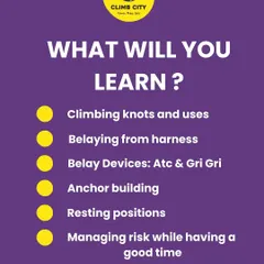 Safety first, always. This graphic breaks down what you'll master in our belay and rope skills workshop. We cover everything from essential climbing knots and anchor building to managing risk, so you can climb with confidence. This workshop is free for our members.