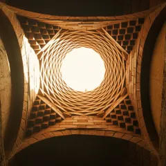 This is the oculus of an ornamental brick dome we created for a meditation space. The intricate corbelled brickwork is not just structural but also sculptural, playing with light and shadow to create a serene, inspiring atmosphere.