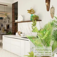 Instead of bulky overhead cabinets, we opted for a sleek ledge on this kitchen island. It provides versatile storage for everything from decor to plants, while the thick wood veneer and integrated LED lighting add a touch of warmth and sophistication.