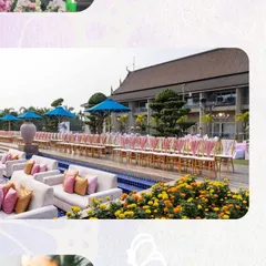 We designed this chic poolside seating arrangement for a daytime wedding event. Combining comfortable lounge sofas with elegant chairs by the water created a relaxed yet sophisticated atmosphere for guests to mingle.