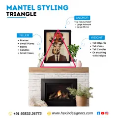 Here is how we apply the triangle principle to mantel styling. We use a large anchor piece as the focal point, then balance it with smaller filler items and objects of varying height to create a visually pleasing arrangement.