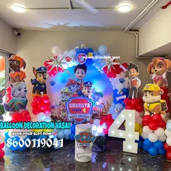 A fun-filled Paw Patrol theme for a 4th birthday celebration. We created a complete scene with character cutouts of the whole pup squad, a custom backdrop, and a vibrant red, blue, and white balloon arrangement.