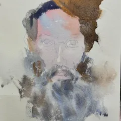 A work-in-progress watercolour portrait, showing the initial layers of colour and shadow.