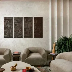 For this Jaipur home, I created a set of four deeply textured wooden art panels. This kind of sculptural wall art adds a modern and sophisticated touch, playing with light and shadow to create a dramatic effect.