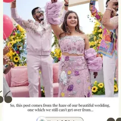 A candid moment from Diksha and Harsh's wedding festivities. I worked with them to create a fun, coordinated look with custom details like statement ruffled sleeves for the bride, ensuring they looked and felt amazing.