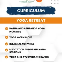 A clear overview of our Yoga Retreat curriculum. This graphic lists the key activities, including Hatha and Ashtanga practice, yoga workshops, meditation, and Ayurveda therapies.