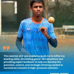 Bowler Krishna Mishra talks about how our coaches push him to refine his skills in game-like situations. We provide expert feedback to help our players develop the precision and control needed for high-pressure matches.
