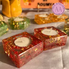 My ready-to-ship resin tea-light holders in festive red and gold, perfect for adding a warm glow to your Diwali decorations.