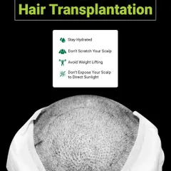 Aftercare is just as important as the procedure itself. This image lists essential precautions to take after your hair transplant, such as staying hydrated, avoiding scratching, and protecting your scalp from direct sunlight to ensure optimal healing.