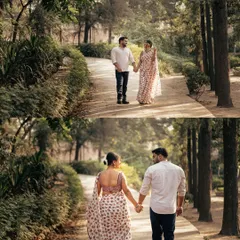 A collage showing a couple's walk through a wooded path. This captures the feeling of a journey taken together, surrounded by the tranquility of nature.