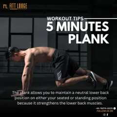 A workout tip graphic explaining the benefits of a 5-minute plank for strengthening lower back muscles and improving posture.