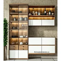 This modern crockery unit combines wood with white laminate for a clean, contemporary look. Integrated lighting in the glass-front cabinets beautifully showcases your finest dinnerware and barware.