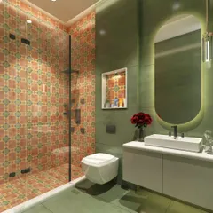 A bathroom designed with our patterned tiles. The seamless application from floor to shower wall creates a cohesive, boutique hotel feel. The vibrant colors and classic pattern add personality to the space.